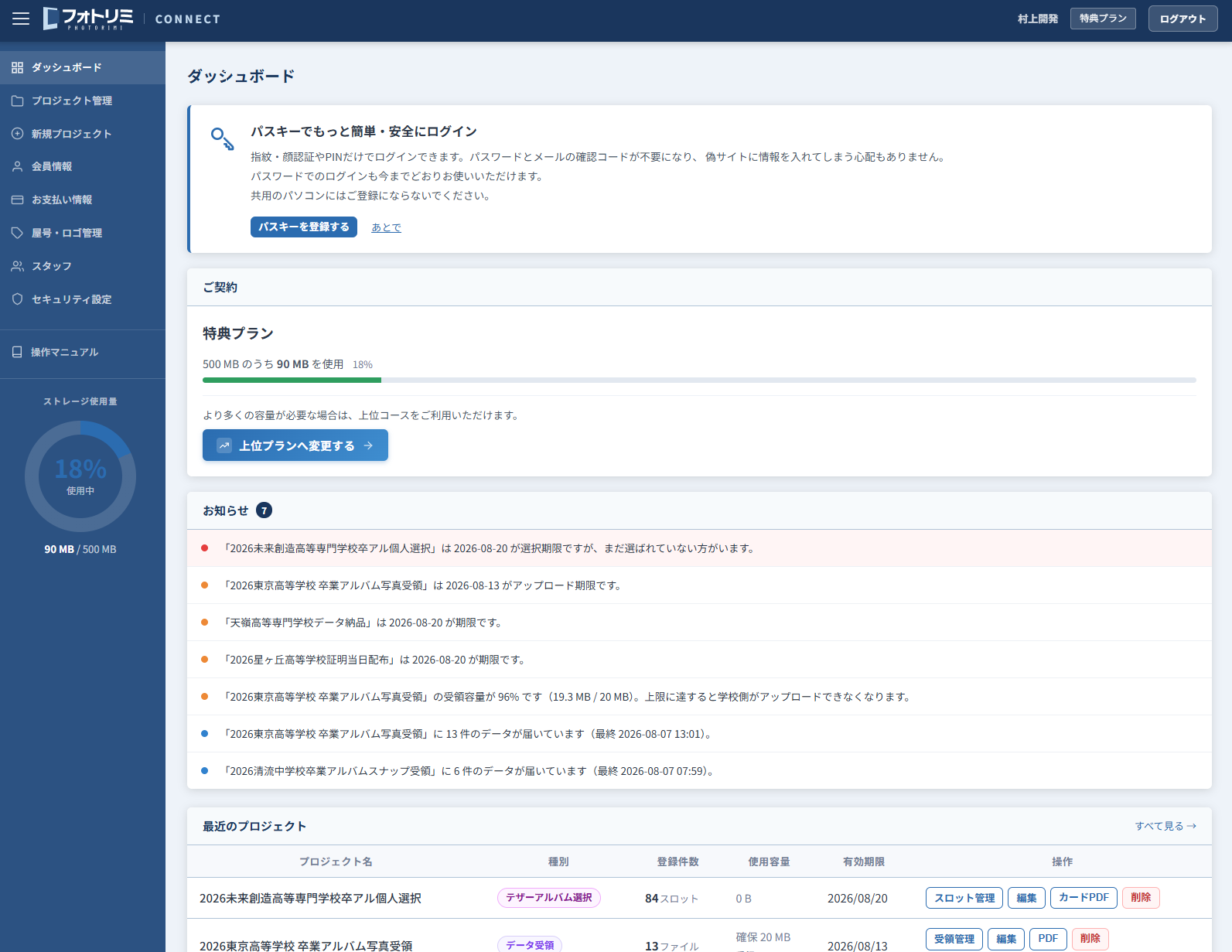 ログイン直後のダッシュボード
